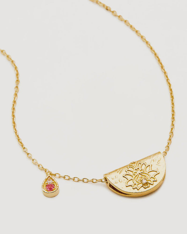 By Charlotte 18k Gold Vermeil Lotus Birthstone Necklace - October/Pink Tourmaline