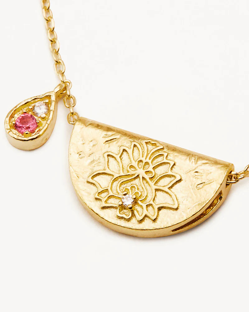 By Charlotte 18k Gold Vermeil Lotus Birthstone Necklace - October/Pink Tourmaline