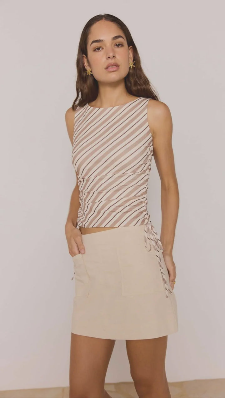 MinkPink Orielle Mesh Top - Brown/Cream Stripe