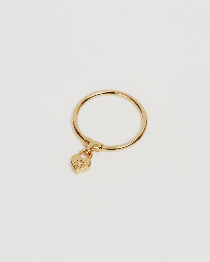 By Charlotte Gold Crystal Lotus Heart Padlock Ring - 18k Gold Vermeil