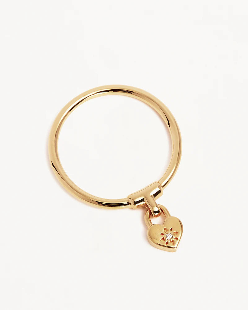 By Charlotte Gold Crystal Lotus Heart Padlock Ring - 18k Gold Vermeil