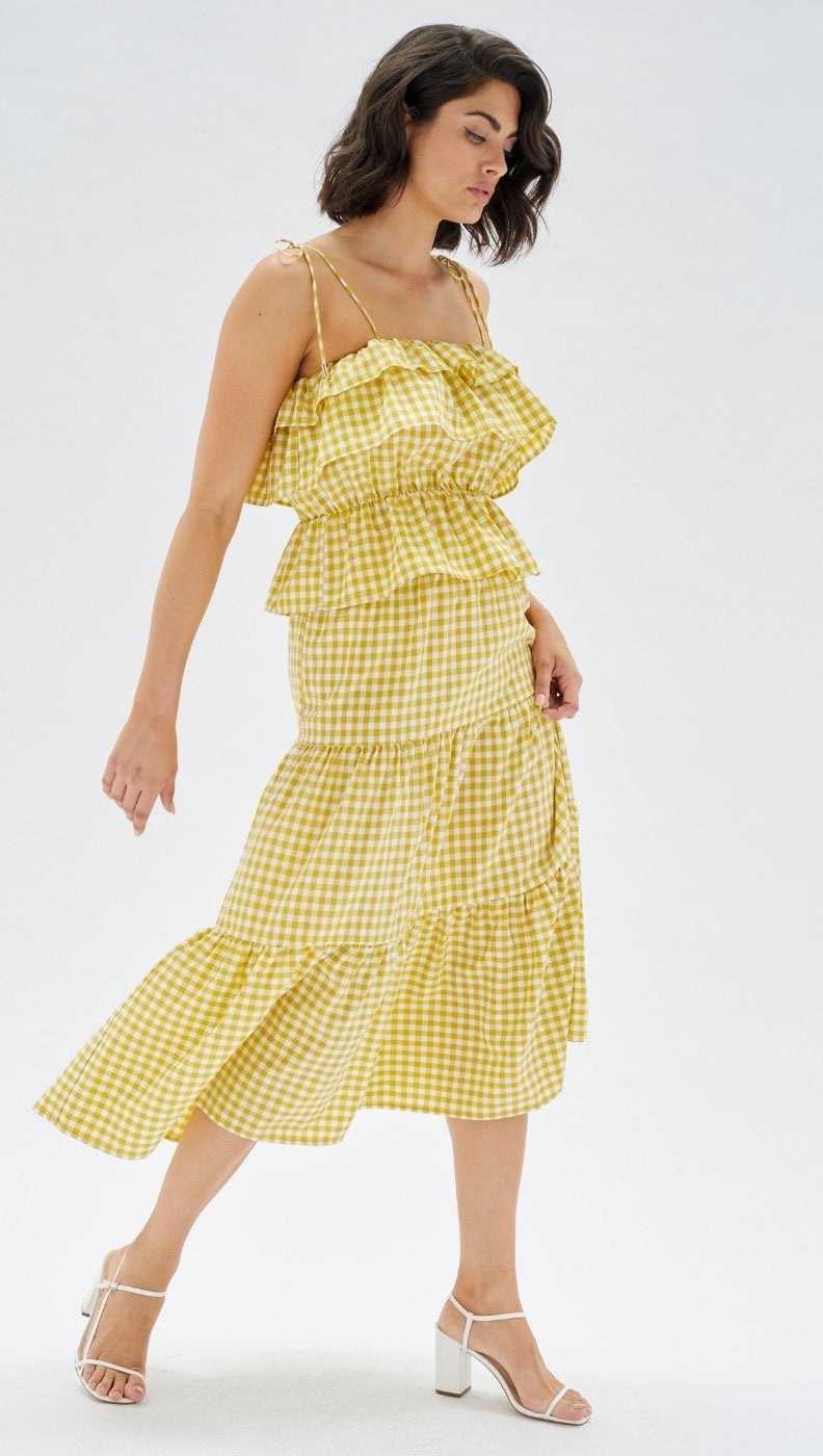 Temara Tiered Midi Skirt - Yellow/White