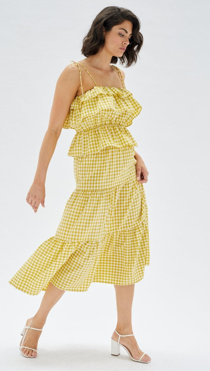 Temara Tiered Midi Skirt - Yellow/White