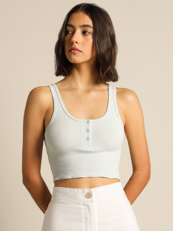 Jade Button Front Waffle Tank - Ice