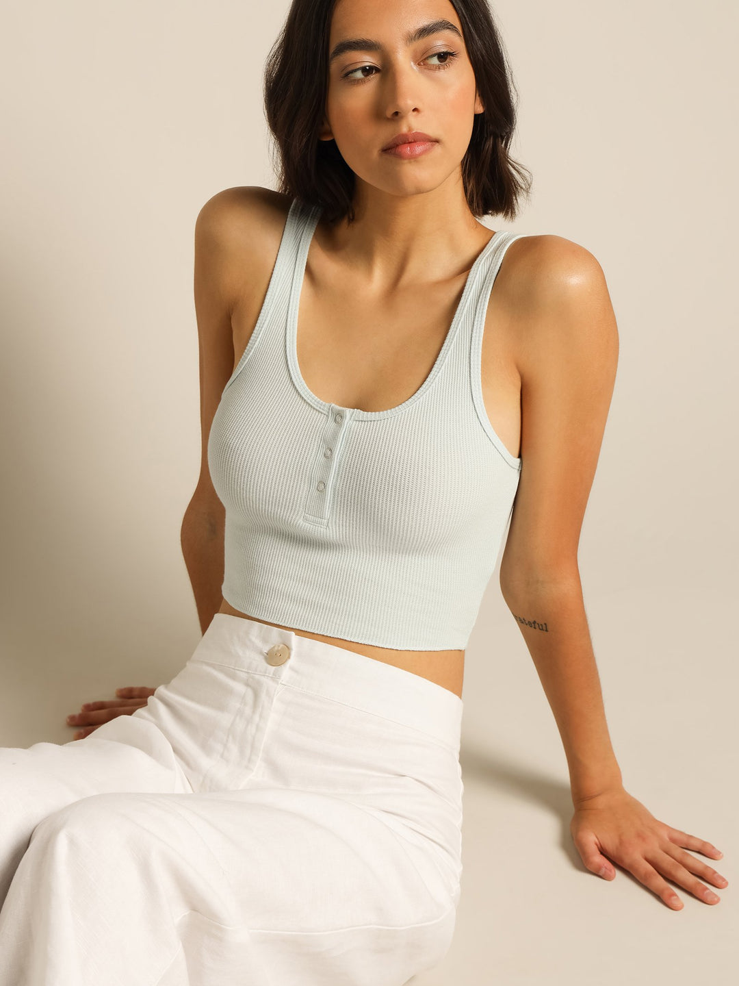 Jade Button Front Waffle Tank - Ice