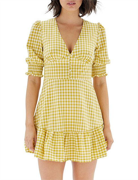 Temara Puff Sleeve Mini Dress - Yellow/White