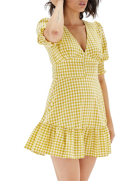 Temara Puff Sleeve Mini Dress - Yellow/White