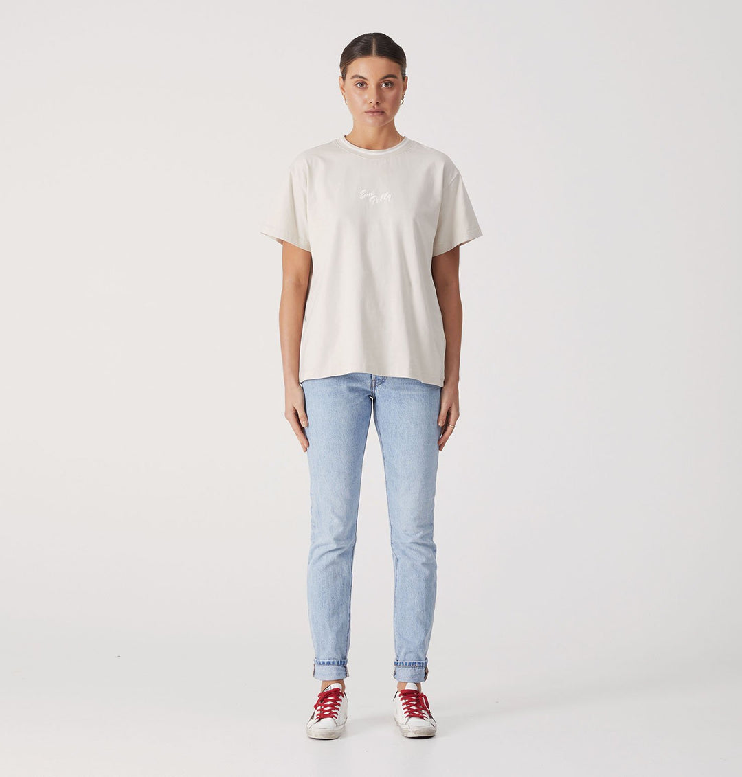 Script Embroidered Tee - Sand