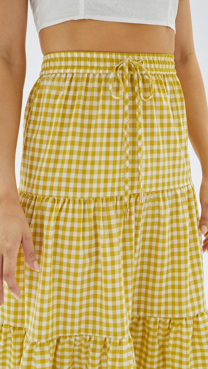Temara Tiered Midi Skirt - Yellow/White
