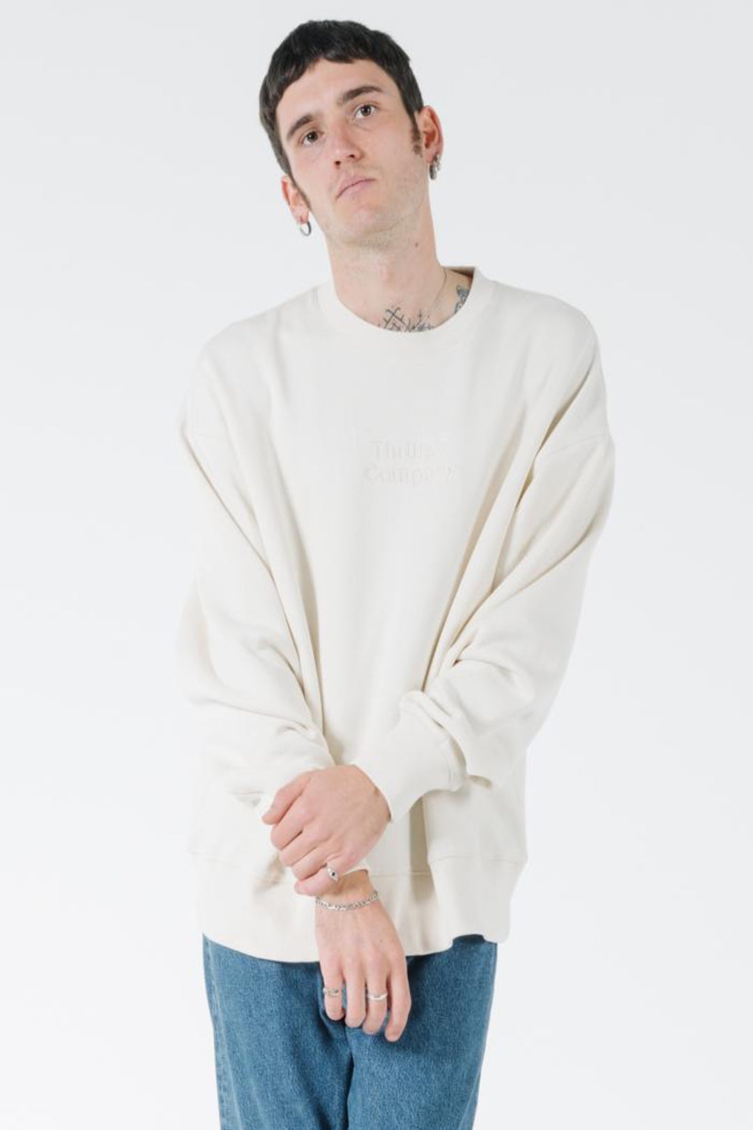 Tonal Stacked Thrills Company Slouch Fit Crew- Unbleached