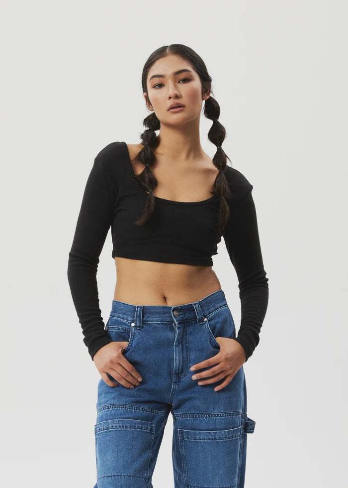 Afends Milla Hemp Ribbed Long Sleeve Cropped Top - Black