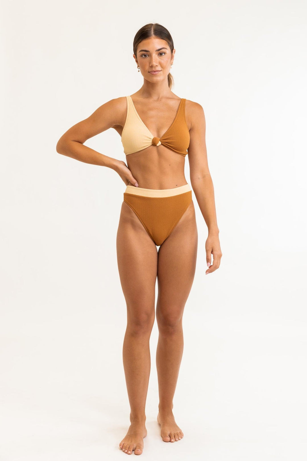 Warm Sands Spliced Two Tone Knot Front Top - Golden Brown