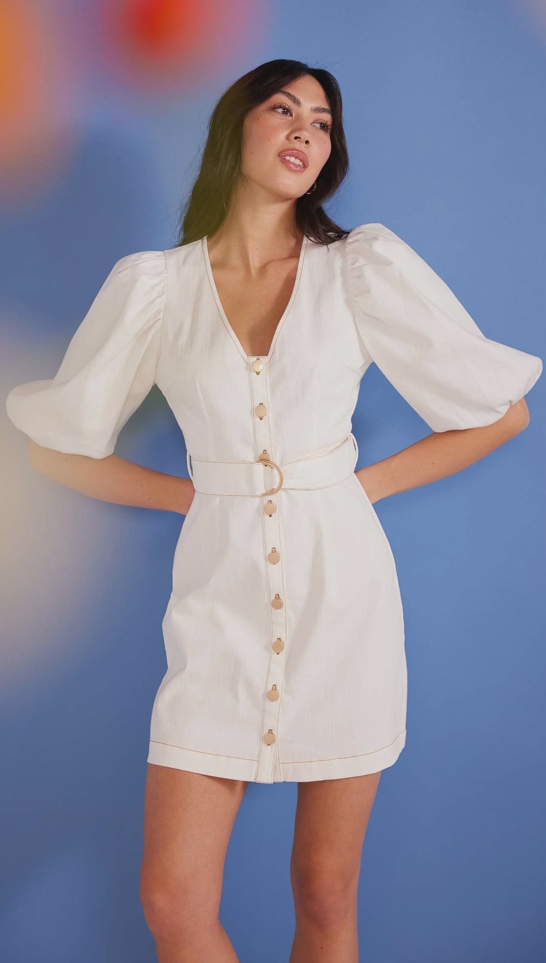 MinkPink Hazel Puff Sleeve Mini Dress - Ivory Birdie Blue MinkPink Hazel Puff Sleeve Mini Dress - Ivory Birdie Blue