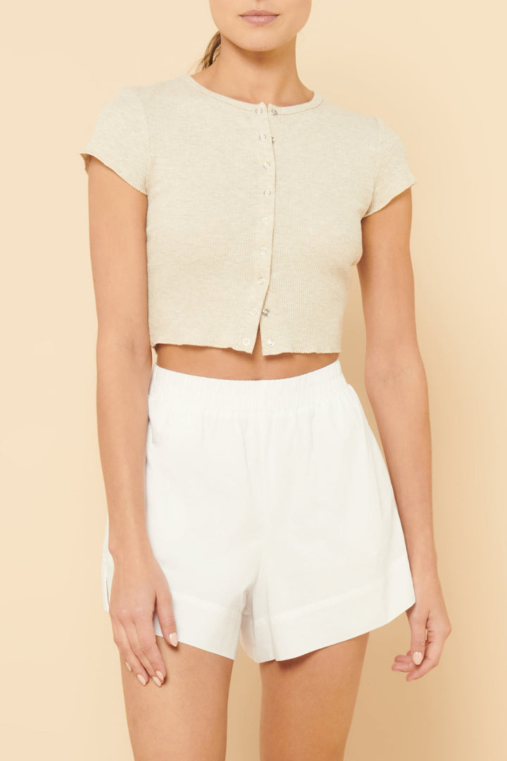 Dylan Front Button Waffle Tee - Cream Marle