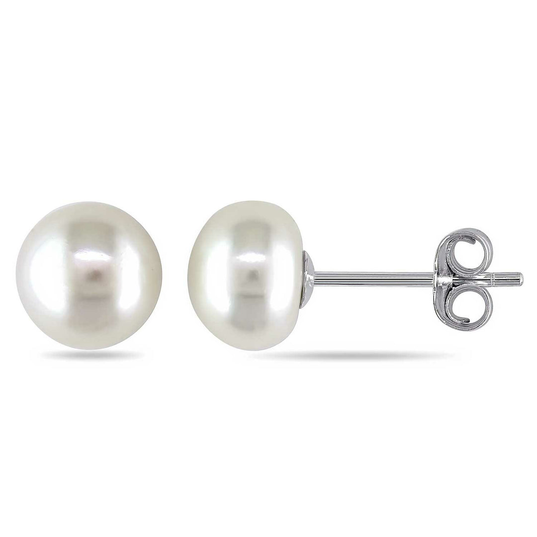 (PS01-9) Rhodium Plated Sterling Silver Pearl Studs 9mm