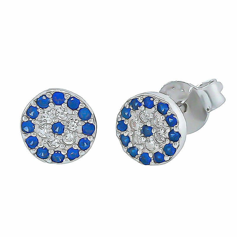 ST187 6mm Rhodium Plated Sterling Silver Round Blue Evil Eye CZ Stud Earrings