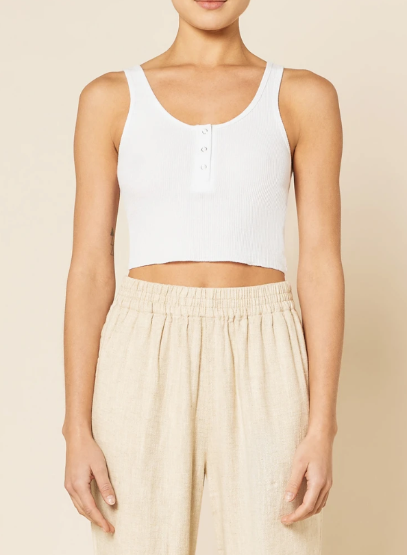Jade Button Front Waffle Tank - White