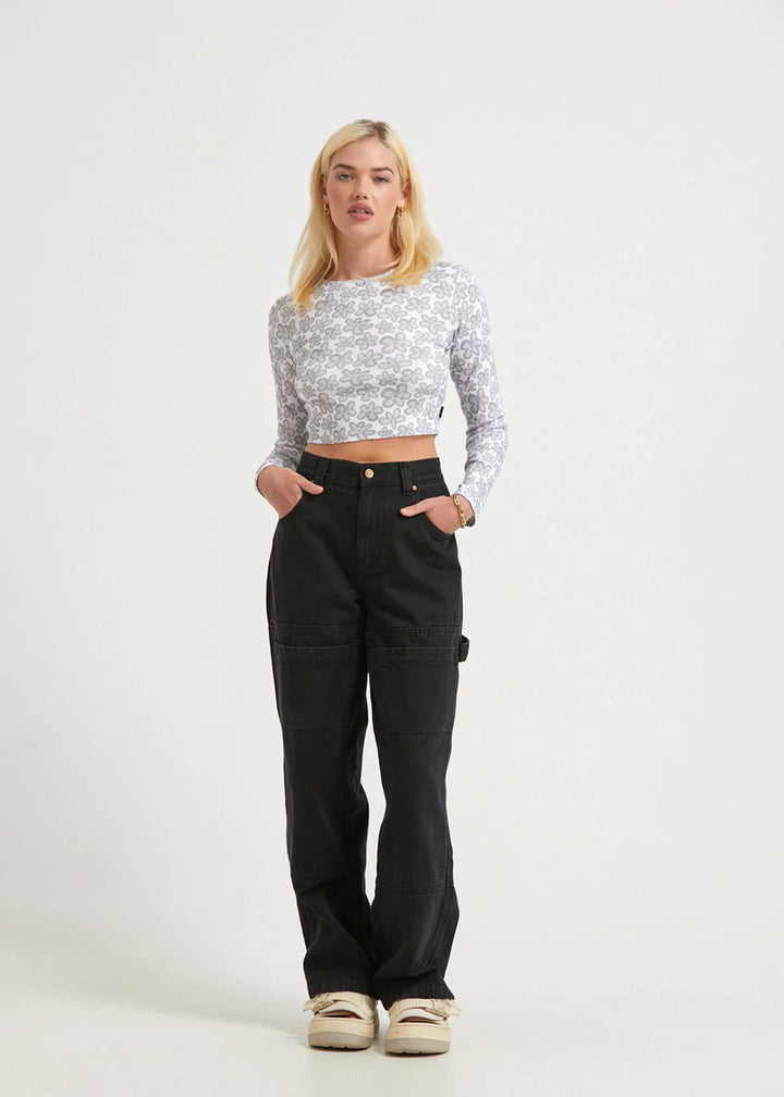 Digital Daisy Recycled Cropped Long Sleeve Top - Charcoal