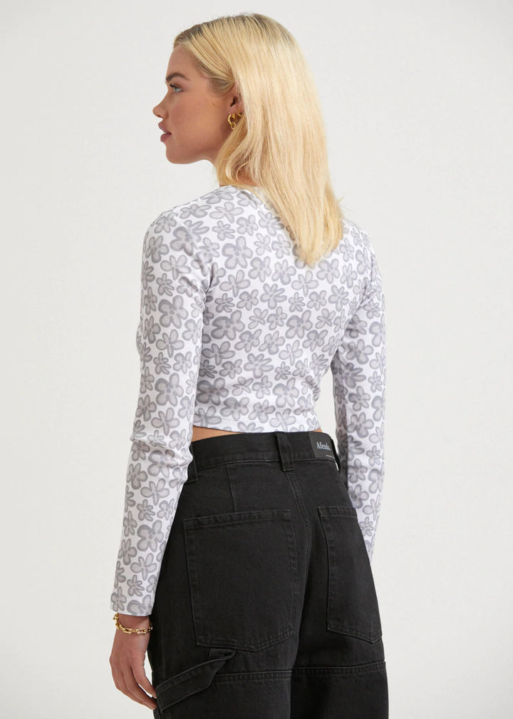 Digital Daisy Recycled Cropped Long Sleeve Top - Charcoal