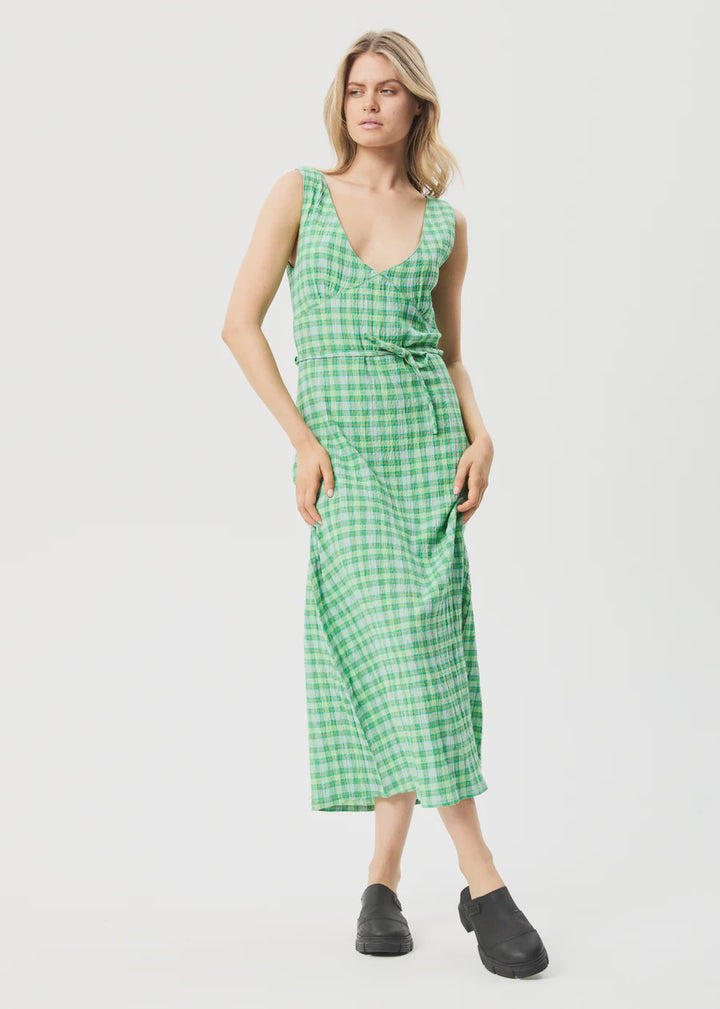 Tully Hemp Seersucker Check Maxi Dress- Forest Check