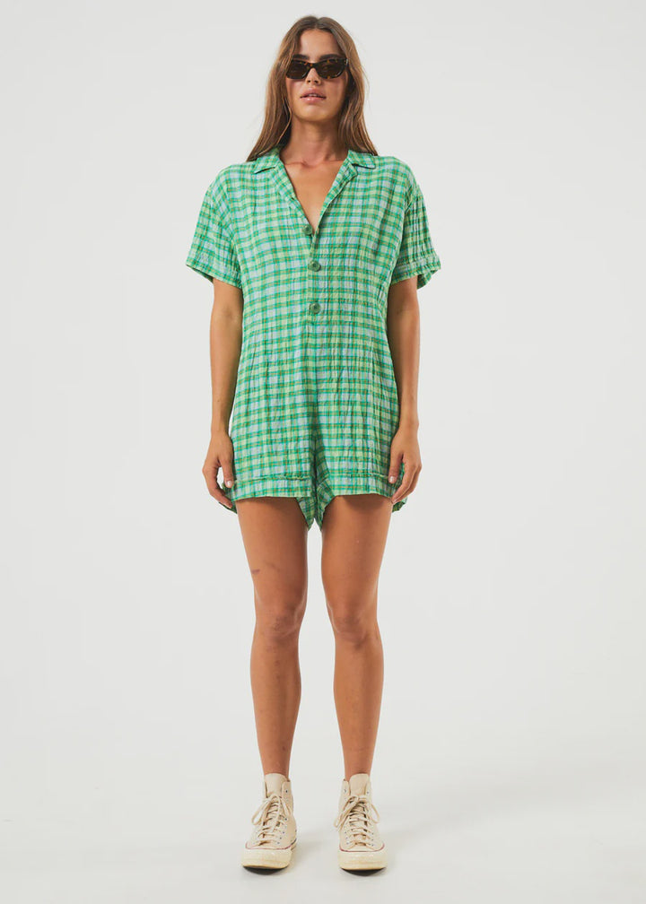Tully Hemp Seersucker Playsuit- Forest Check