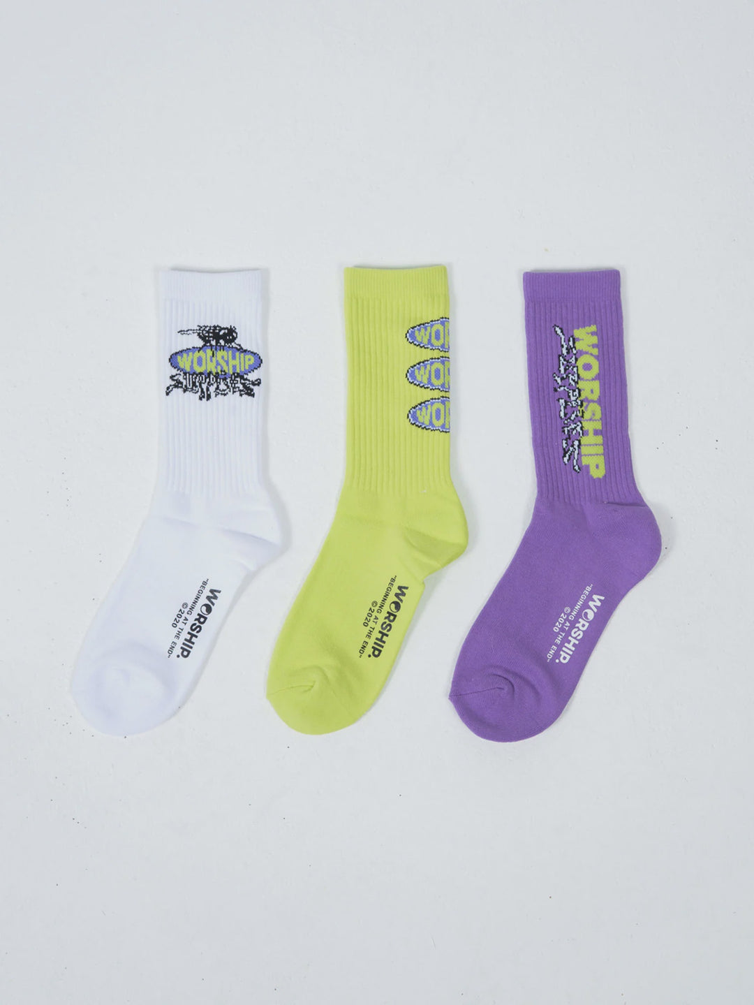 Worship Icky Socks Organic 3 Pack- White/Acid Lime/ Dahlia