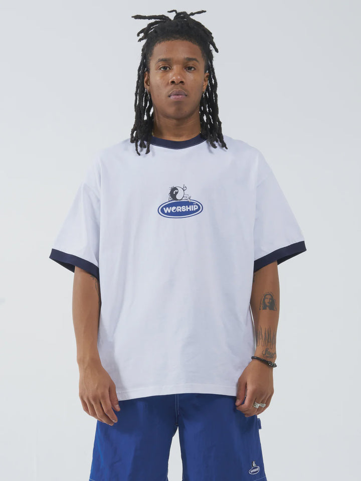 Worship Tommy Two Box Fit Oversize Ringer Tee - White