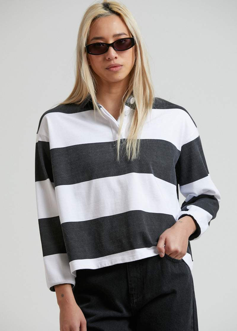 Fadey Stripe Weighted Collared Long Sleeve Tee- Black