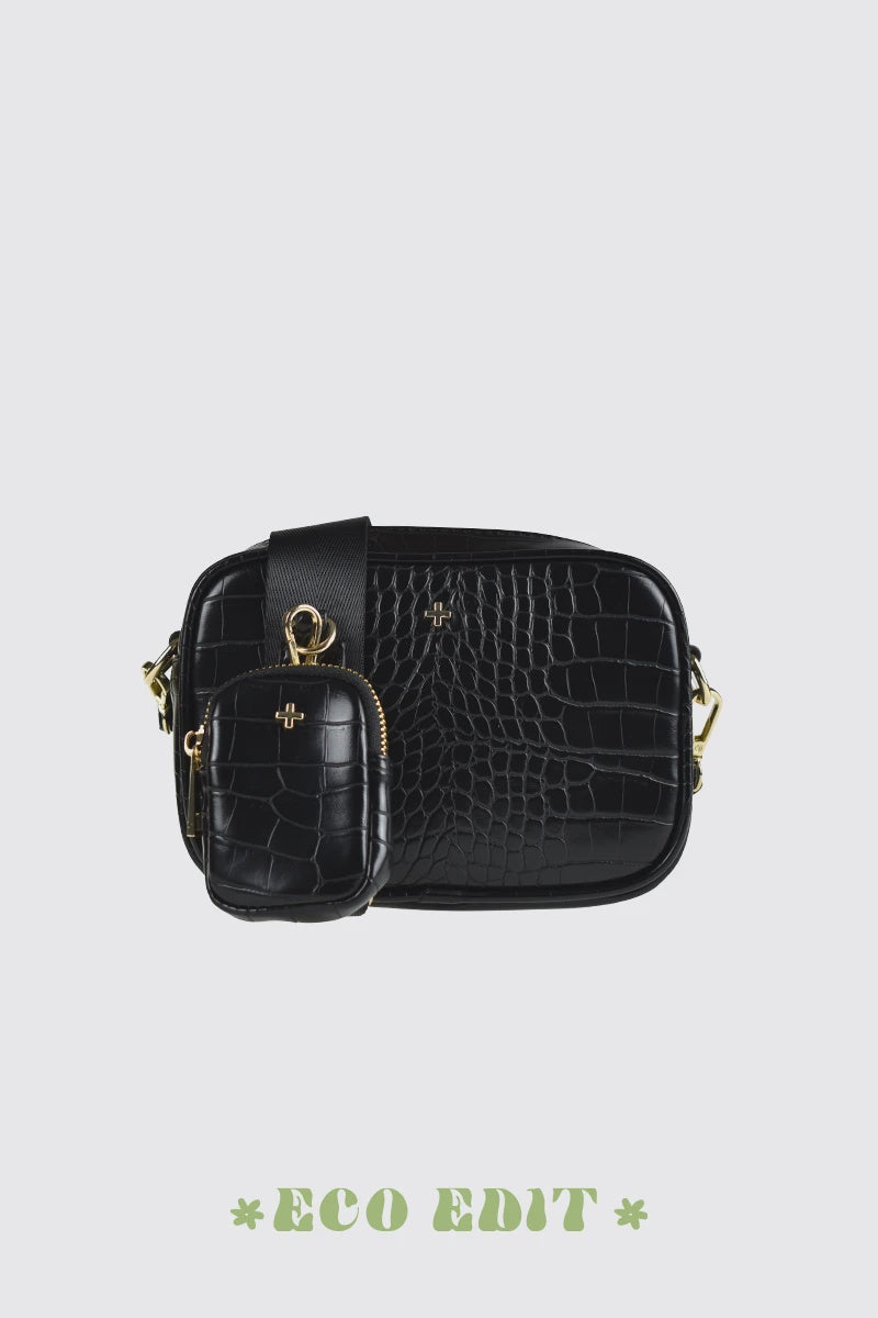 Justice Camera Bag With Webbing Strap - Black Croc/Gold