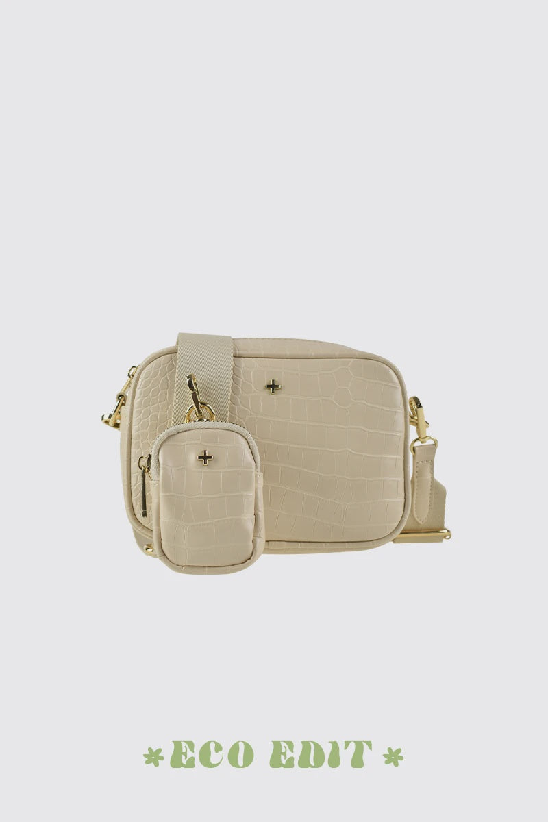 Justice Camera Bag With Webbing Strap - Almond Croc/Gold