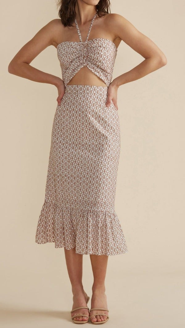 Tanjil Midi Skirt - Tan/White