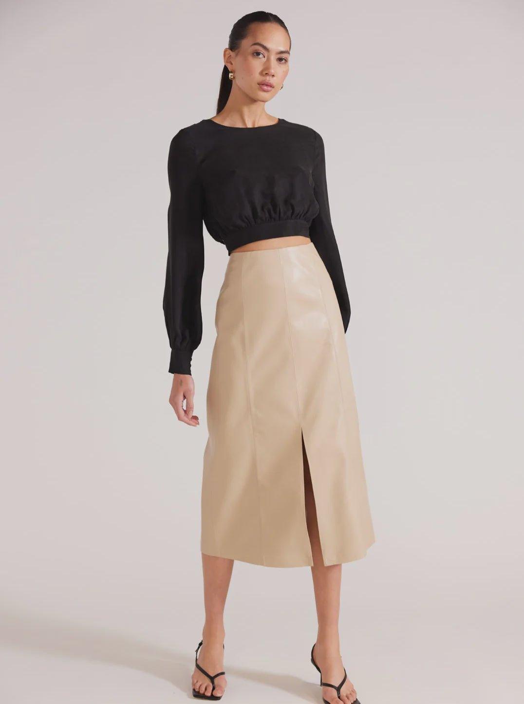 Oslo Faux Leather Midi Skirt - Stone