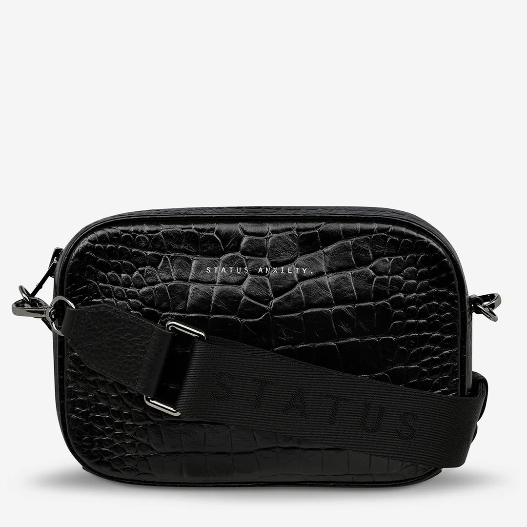 Status Anxiety Crossbody Plunder Bag with Webbed Strap - Black Croc Emboss